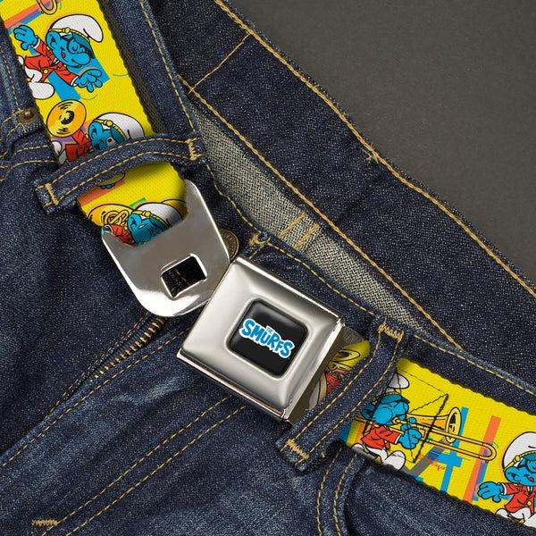 Buckle-Down THE SMURFS Title Logo Full Color Black White Blue Seatbelt Belt - The Smurfs Carnival Party Band Line Yellow Webbing
