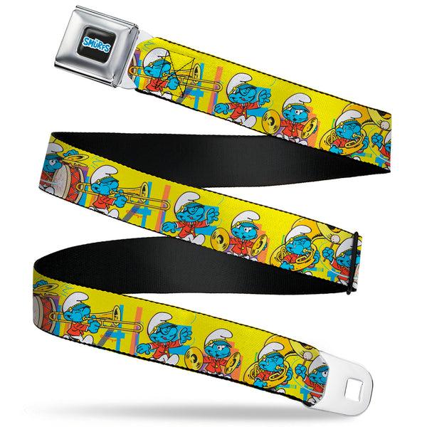Buckle-Down THE SMURFS Title Logo Full Color Black White Blue Seatbelt Belt - The Smurfs Carnival Party Band Line Yellow Webbing