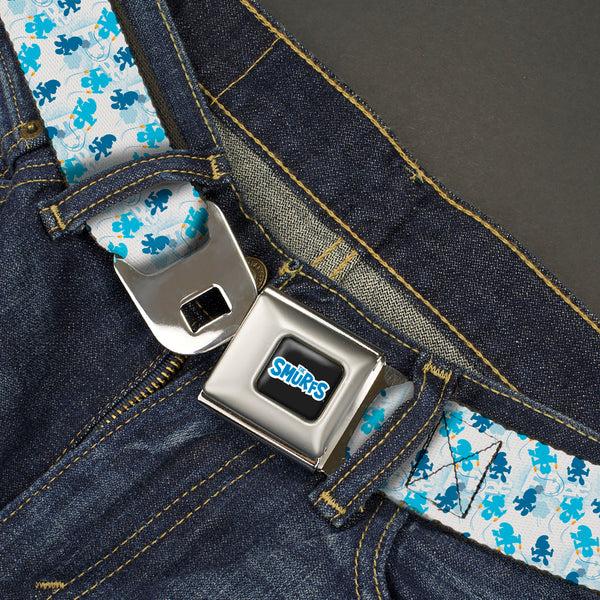 Buckle-Down THE SMURFS Title Logo Full Color Black White Blue Seatbelt Belt - The Smurfs Blast Off FREE Silhouette Pose White/Blues Webbing