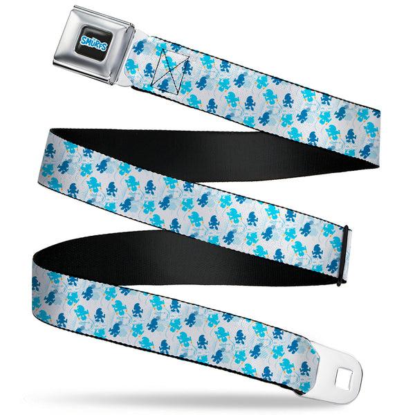 Buckle-Down THE SMURFS Title Logo Full Color Black White Blue Seatbelt Belt - The Smurfs Blast Off FREE Silhouette Pose White/Blues Webbing