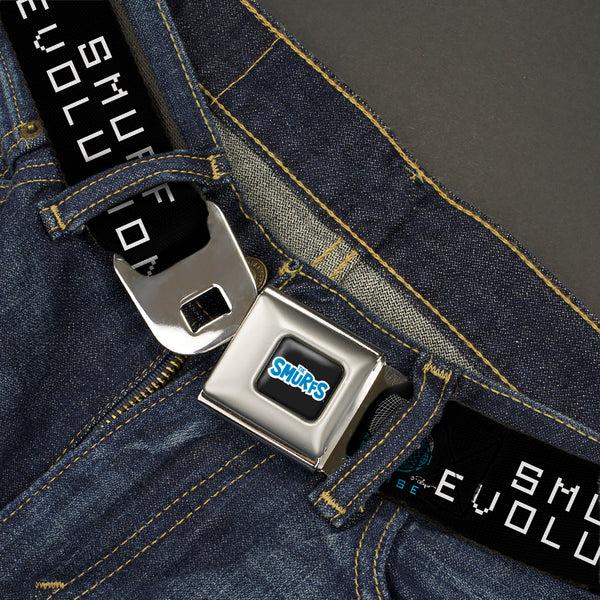 Buckle-Down THE SMURFS Title Logo Full Color Black White Blue Seatbelt Belt - SMURF EVOLUTION FROM PAPER TO METAVERSE Smiling Face Black/White/Blues Webbing