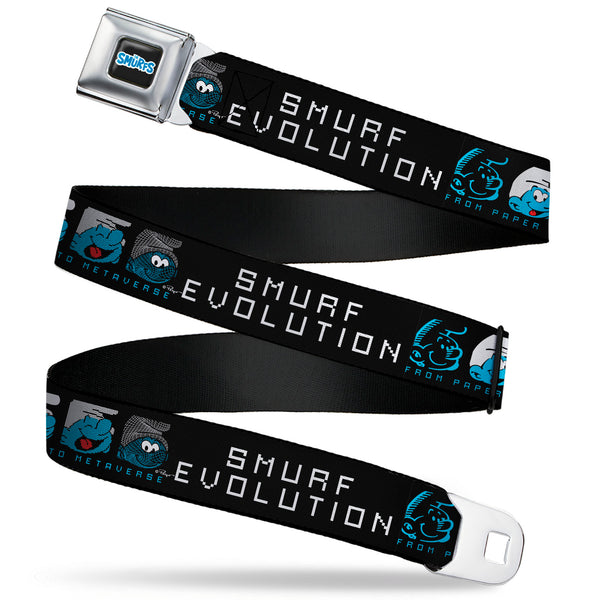 Buckle-Down THE SMURFS Title Logo Full Color Black White Blue Seatbelt Belt - SMURF EVOLUTION FROM PAPER TO METAVERSE Smiling Face Black/White/Blues Webbing