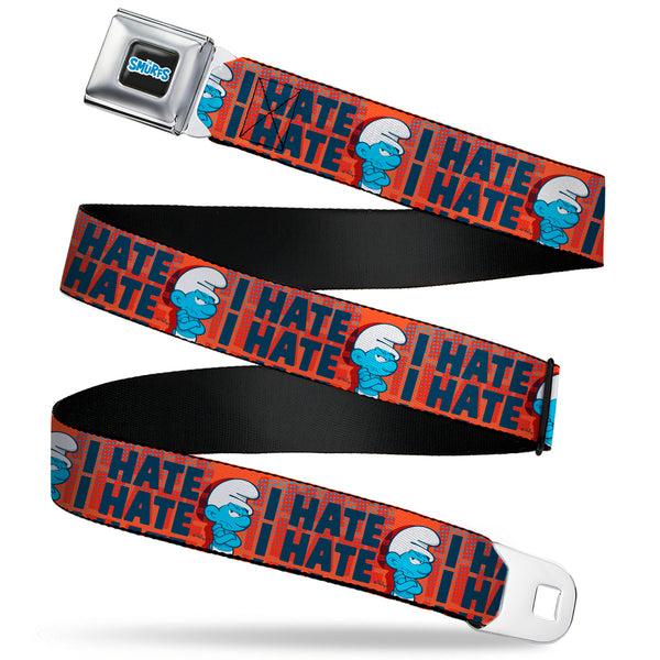 Buckle-Down THE SMURFS Title Logo Full Color Black White Blue Seatbelt Belt - Grumpy Smurf I HATE I HATE Arms Crossed Pose Red/Blue Webbing