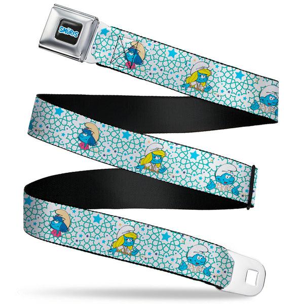 Buckle-Down THE SMURFS Title Logo Full Color Black White Blue Seatbelt Belt - The Smurfs Three Character Pose and Stars White/Blues Webbing