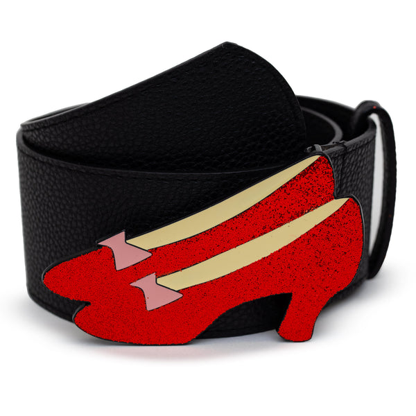 Buckle-Down The Wizard Of Oz Dorothy's Ruby Red Glitter Slippers Enamel Cast Buckle - Black PU Strap Belt