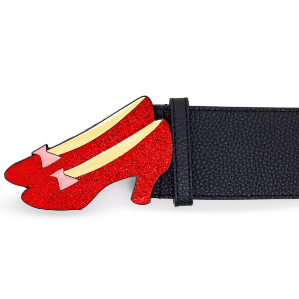 Buckle-Down The Wizard Of Oz Dorothy's Ruby Red Glitter Slippers Enamel Cast Buckle - Black PU Strap Belt