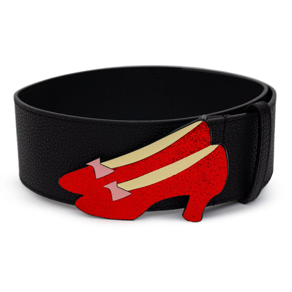 Buckle-Down The Wizard of Oz Dorothy's Ruby Red Glitter Slippers Enamel Cast Buckle - Black PU Strap Belt