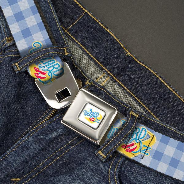 Buckle-Down THE WIZARD OF OZ Logo Full Color White Seatbelt Belt - THE WIZARD OF OZ Logo Gingham Checker Blues Webbing