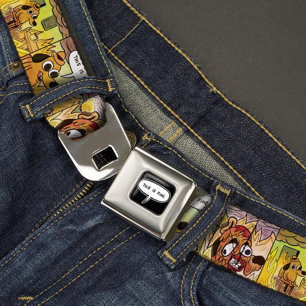 Buckle-Down THIS IS FINE Quote Bubble Full Color Black/White Seatbelt Belt - THIS IS FINE Question Hound Cafe Fire Comic Strip Blocks Webbing