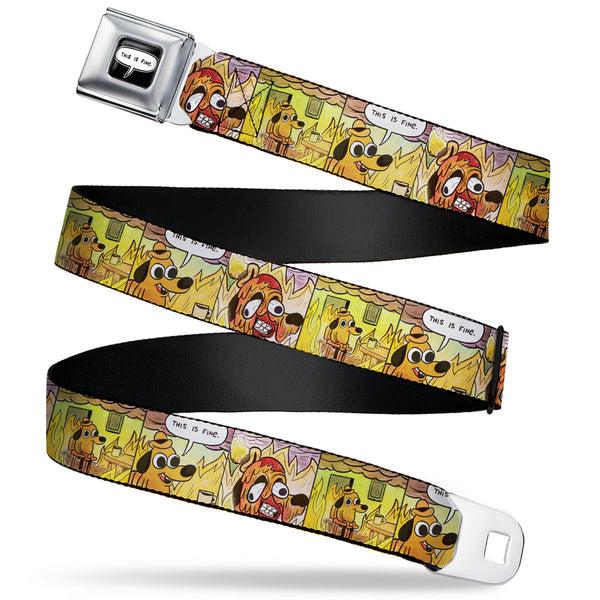Buckle-Down THIS IS FINE Quote Bubble Full Color Black/White Seatbelt Belt - THIS IS FINE Question Hound Cafe Fire Comic Strip Blocks Webbing