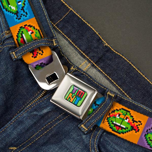 Buckle-Down TMNT 8-Bit Full Color Greens/Multi Color Seatbelt Belt - Classic Teenage Mutant Ninja Turtles 8-Bit Face Blocks Multi Color Webbing
