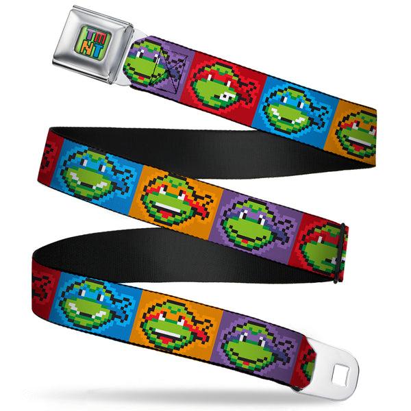 Buckle-Down TMNT 8-Bit Full Color Greens/Multi Color Seatbelt Belt - Classic Teenage Mutant Ninja Turtles 8-Bit Face Blocks Multi Color Webbing