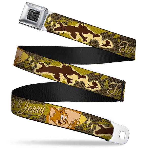 Buckle-Down Tom and Jerry Black/Silver Seatbelt Belt - TOM & JERRY Tom Chasing Jerry Houndstooth Browns Webbing