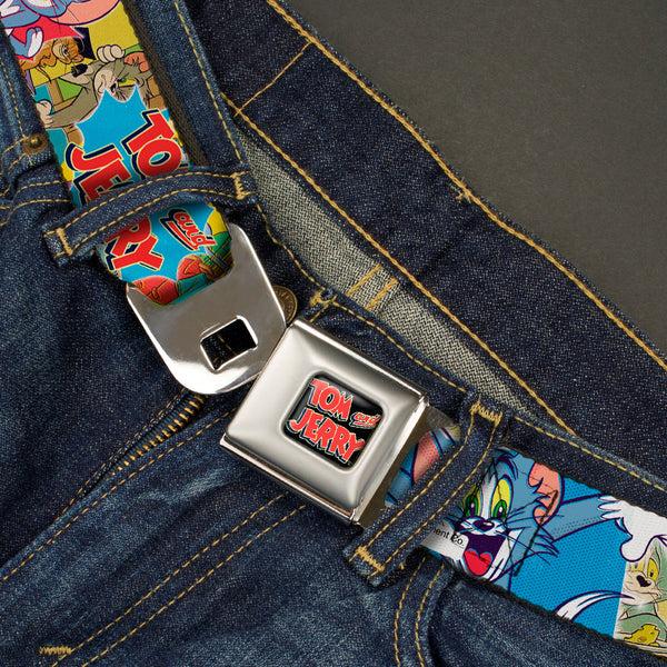 Buckle-Down Tom And Jerry Logo Full Color Black Red Seatbelt Belt - TOM & JERRY Faces/Stacked Scene Panels Webbing