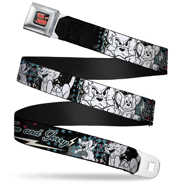 Buckle-Down Tom and Jerry Logo Full Color Black Red Seatbelt Belt - TOM & JERRY Face & Pose Sketch Black/White/Red/Blue Webbing
