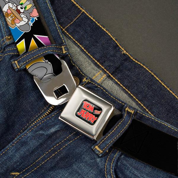 Buckle-Down Tom And Jerry Logo Full Color Black Red Seatbelt Belt - TOM & JERRY Poses Black/Multi Color Webbing