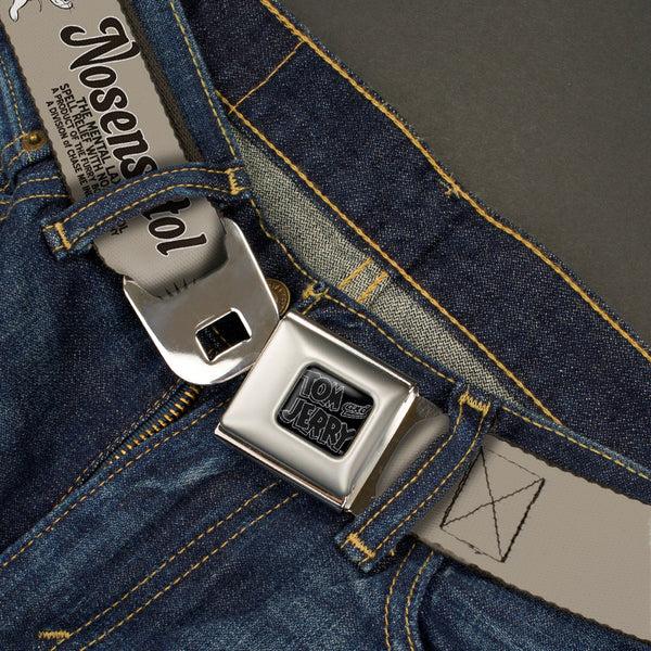 Buckle-Down Tom And Jerry Logo Full Color Black Red Seatbelt Belt - Tom & Jerry NOSENATOL THE MENTAL LAXATIVE Grays/White/Black Webbing