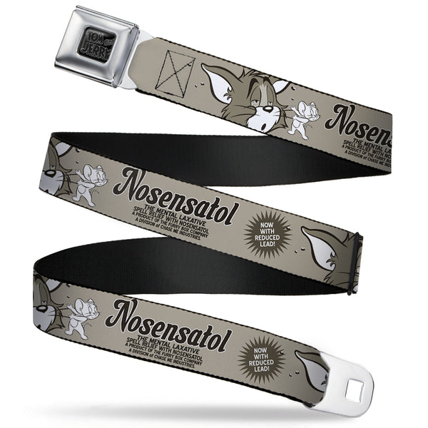 Buckle-Down Tom and Jerry Logo Full Color Black Red Seatbelt Belt - Tom & Jerry NOSENATOL THE MENTAL LAXATIVE Grays/White/Black Webbing