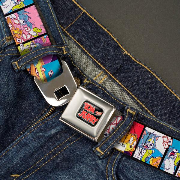 Buckle-Down Tom And Jerry Logo Full Color Black/Red Seatbelt Belt - TOM & JERRY House Of Cards Panels Webbing