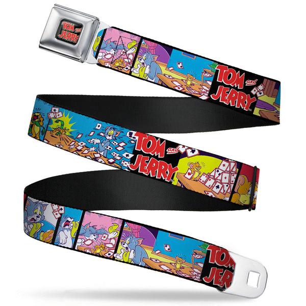 Buckle-Down Tom and Jerry Logo Full Color Black/Red Seatbelt Belt - TOM & JERRY House of Cards Panels Webbing