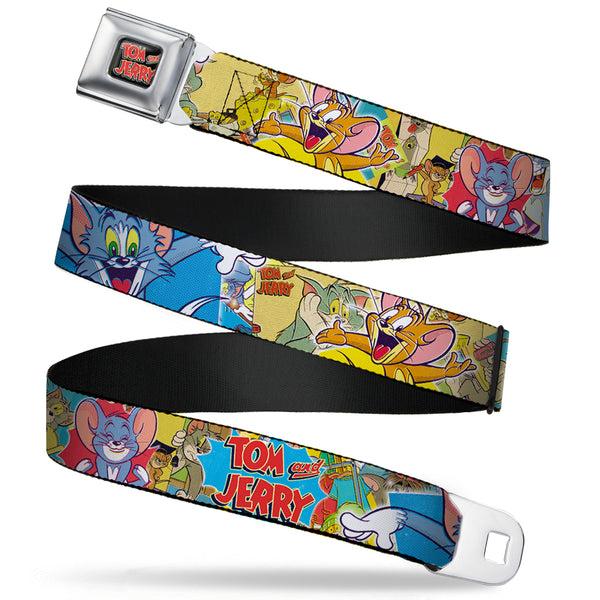 Buckle-Down Tom And Jerry Logo Full Color Black Red Seatbelt Belt - TOM & JERRY Faces/Stacked Scene Panels Webbing