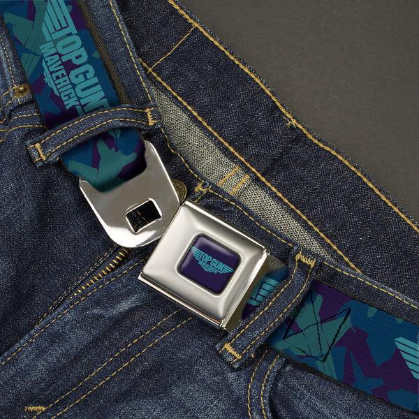 Buckle-Down TOP GUN MAVERICK Title Logo Full Color Blues Seatbelt Belt - TOP GUN MAVERICK Title Logo Aircraft Silhouettes Collage Blues Webbing