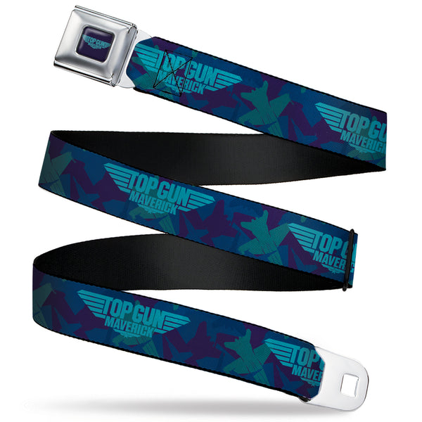 Buckle-Down TOP GUN MAVERICK Title Logo Full Color Blues Seatbelt Belt - TOP GUN MAVERICK Title Logo Aircraft Silhouettes Collage Blues Webbing