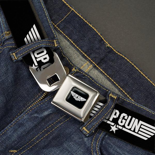 Buckle-Down TOP GUN Title Logo Full Color Black/White Seatbelt Belt - TOP GUN Title Logo Black/White Webbing