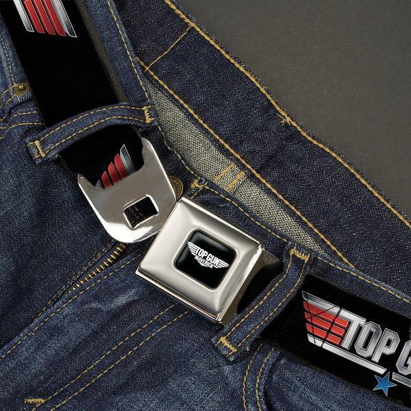 Buckle-Down TOP GUN Title Logo Full Color Black/White Seatbelt Belt - TOP GUN Title Logo Black/Silver/Red/Blue Webbing