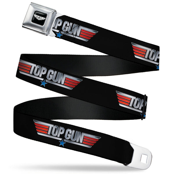 Buckle-Down TOP GUN Title Logo Full Color Black/White Seatbelt Belt - TOP GUN Title Logo Black/Silver/Red/Blue Webbing