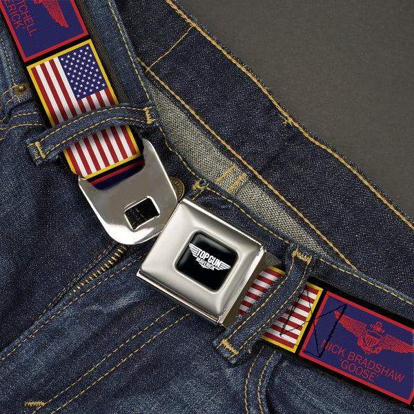 Buckle-Down TOP GUN Title Logo Full Color Black/White Seatbelt Belt - Top Gun Maverick Goose And American Flag Patch Blocks Black Webbing