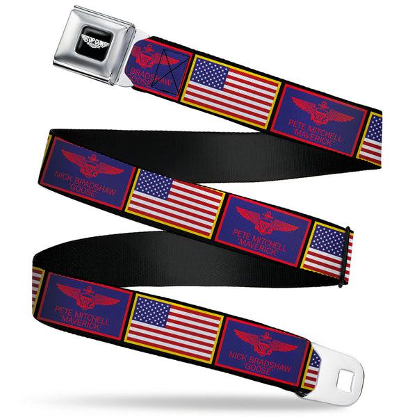 Buckle-Down TOP GUN Title Logo Full Color Black/White Seatbelt Belt - Top Gun Maverick Goose and American Flag Patch Blocks Black Webbing