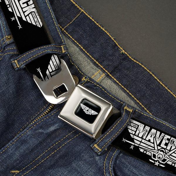 Buckle-Down TOP GUN Title Logo Full Color Black/White Seatbelt Belt - TOP GUN MAVERICK Fighter Jet Logo Weathered Black/White Webbing