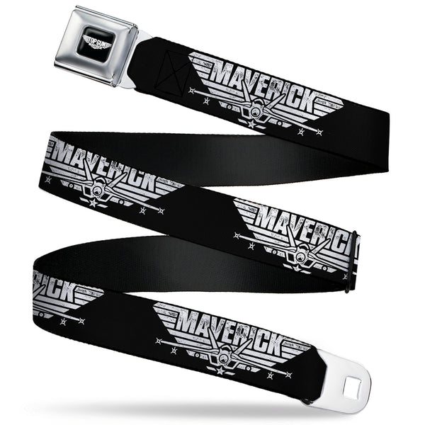 Buckle-Down TOP GUN Title Logo Full Color Black/White Seatbelt Belt - TOP GUN MAVERICK Fighter Jet Logo Weathered Black/White Webbing