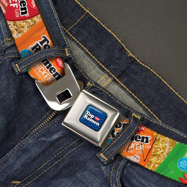 Buckle-Down TOP RAMEN Noodle Wave Full Color Blue/Black/White Seatbelt Belt - Top Ramen Vivid Flavor Packages Stacked Multi Color Webbing