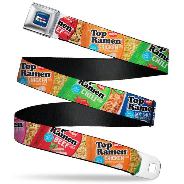 Buckle-Down TOP RAMEN Noodle Wave Full Color Blue/Black/White Seatbelt Belt - Top Ramen Vivid Flavor Packages Stacked Multi Color Webbing