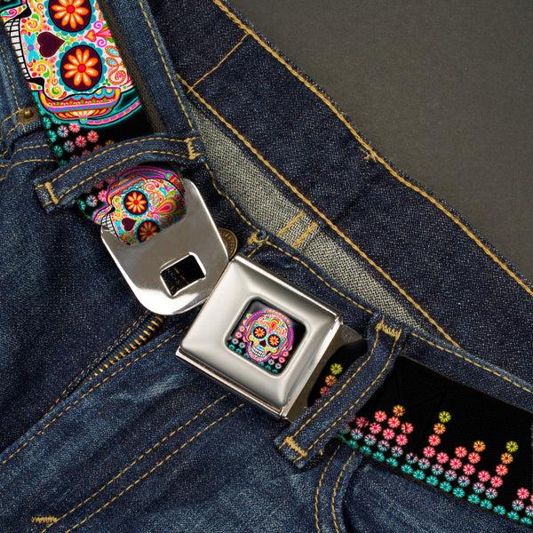 Buckle-Down Tranquility Beats Calavera/Floral Equalizer Full Color Black/Multi Color Seatbelt Belt - Tranquility Beats Calaveras/Floral Equalizer Black/Multi Color Webbing