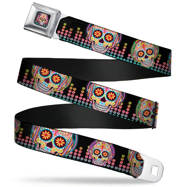 Buckle-Down Tranquility Beats Calavera/Floral Equalizer Full Color Black/Multi Color Seatbelt Belt - Tranquility Beats Calaveras/Floral Equalizer Black/Multi Color Webbing