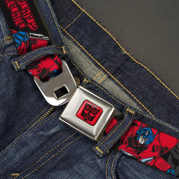 Buckle-Down Transformers Autobots Icon Full Color Red/Black Seatbelt Belt - Transformers Generations Optimus Prime Pose And Autobot Icon Black/Gray/Red Webbing