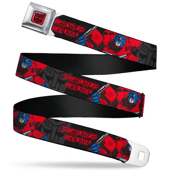 Buckle-Down Transformers Autobots Icon Full Color Red/Black Seatbelt Belt - Transformers Generations Optimus Prime Pose and Autobot Icon Black/Gray/Red Webbing