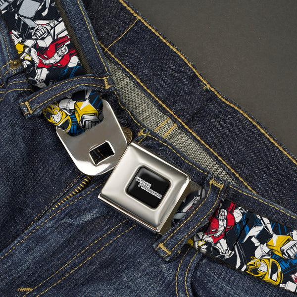 Buckle-Down TRANSFORMERS Title Logo Full Color Black/Grays Seatbelt Belt - Transformers Autobot And Decepticon Robots And Alternate Modes Collage Webbing