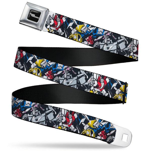 Buckle-Down TRANSFORMERS Title Logo Full Color Black/Grays Seatbelt Belt - Transformers Autobot and Decepticon Robots and Alternate Modes Collage Webbing