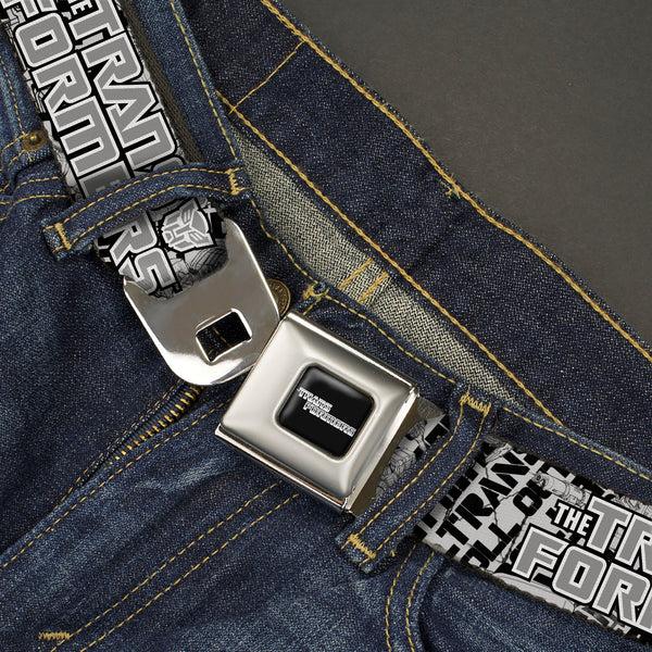 Buckle-Down TRANSFORMERS Title Logo Full Color Black/Grays Seatbelt Belt - THE TRANSFORMERS Robots And Text Collage White/Black/Gray Webbing