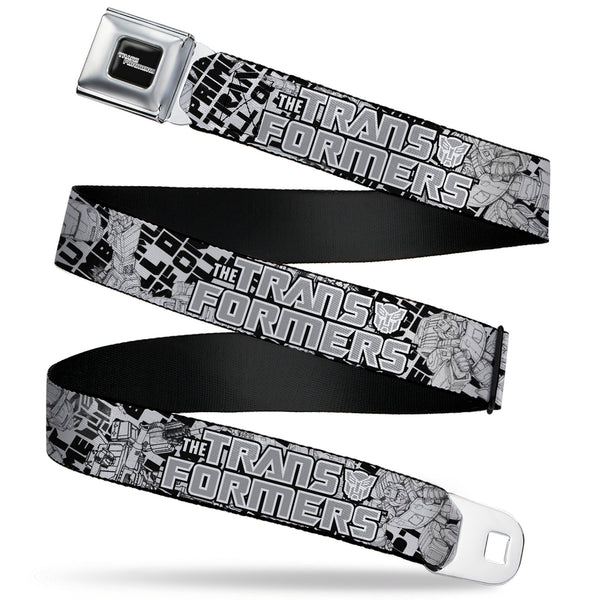 Buckle-Down TRANSFORMERS Title Logo Full Color Black/Grays Seatbelt Belt - THE TRANSFORMERS Robots and Text Collage White/Black/Gray Webbing