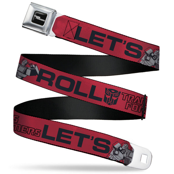 Buckle-Down TRANSFORMERS Title Logo Full Color Black/Grays Seatbelt Belt - TRANSFORMERS Optimus Prime and Bumblebee LET'S ROLL Pose Red/Black Webbing