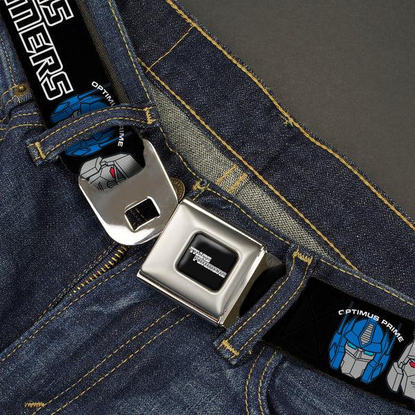 Buckle-Down TRANSFORMERS Title Logo Full Color Black/Grays Seatbelt Belt - TRANSFORMERS MORE THAN MEETS THE EYE Character Trio Black/White Webbing