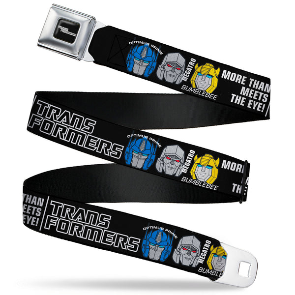 Buckle-Down TRANSFORMERS Title Logo Full Color Black/Grays Seatbelt Belt - TRANSFORMERS MORE THAN MEETS THE EYE Character Trio Black/White Webbing