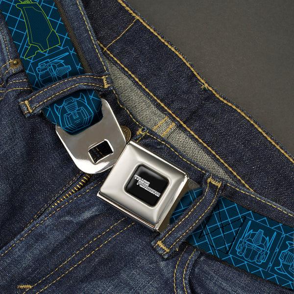 Buckle-Down TRANSFORMERS Title Logo Full Color Black/Grays Seatbelt Belt - Transformers Character Trio Text And Faces Blues/Yellows Webbing