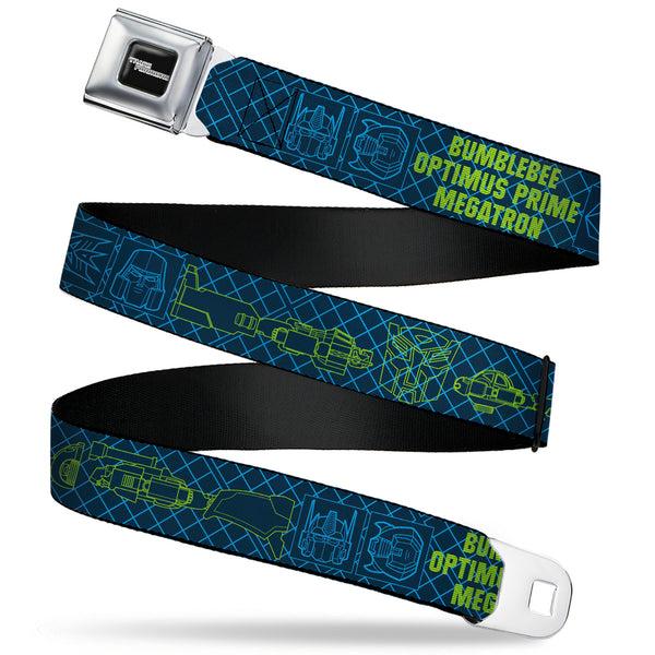 Buckle-Down TRANSFORMERS Title Logo Full Color Black/Grays Seatbelt Belt - Transformers Character Trio Text and Faces Blues/Yellows Webbing