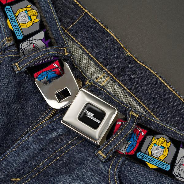 Buckle-Down TRANSFORMERS Title Logo Full Color Black/Grays Seatbelt Belt - Transformers Character Trio Face And Name Icons Black/Multi Color Webbing